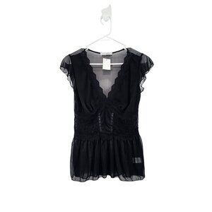 Charlotte Russe Women's Sheer Lace Trim V-neck Smocked Babydoll Y2K Top - L